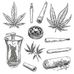 Hand-Drawn Sketch Weed Smoking Tools Set