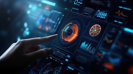 A hand interacting with a futuristic interface featuring circular data visualizations and graphs