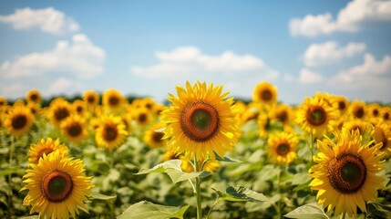Fototapeta premium A vibrant field of sunflowers under a partly cloudy sky.