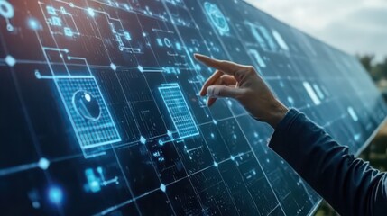 A hand interacting with a futuristic interface on a large screen display with digital graphics overlayed