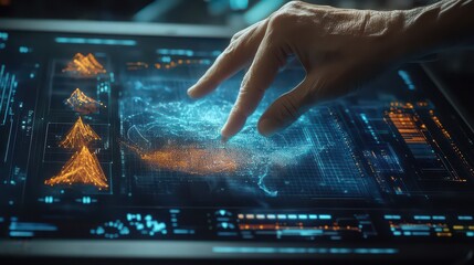 A hand interacting with a digital interface displaying complex data visualizations and charts on screen