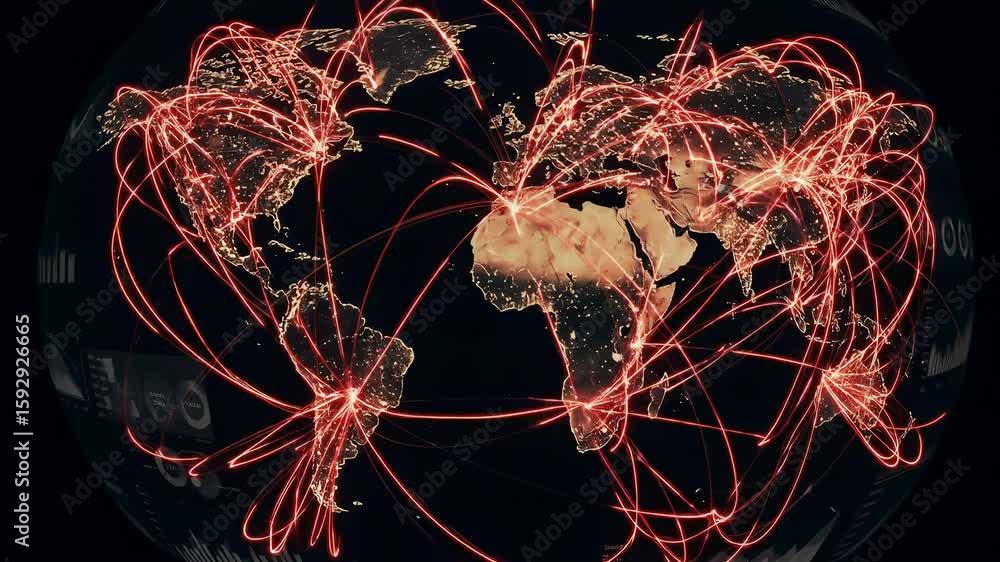 Poster global network connections over digital earth map. international communication with lines between ci