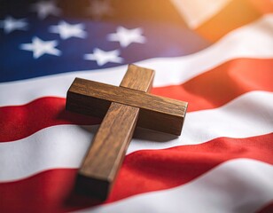 Wooden cross on American flag