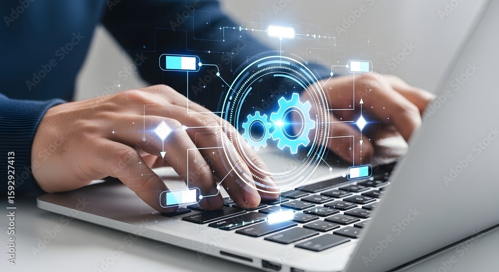 Poster automation software development concept man typing on laptop with gears graphic overlay