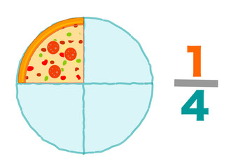 One fourth, quarter, Fraction pizzas, slices halves 1, 4. Pie chart ratio infographic. Mathematic worksheet. Vector illustration