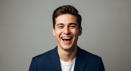 A young man in a suit jacket is bursting with laughter in this cheerful studio portrait,Full of life and joy, a smiling man poses in a vibrant studio environment