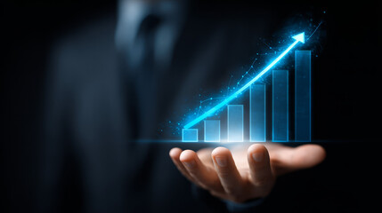 Business professional presenting a rising graph indicating growth and success during a corporate presentation