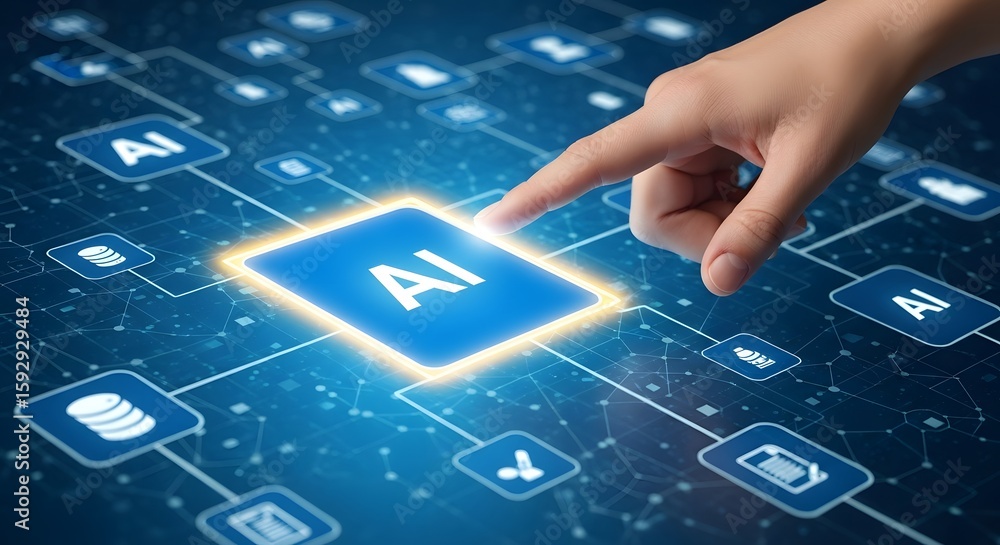 Poster artificial intelligence ai concept hand touching ai icon on digital interface screen