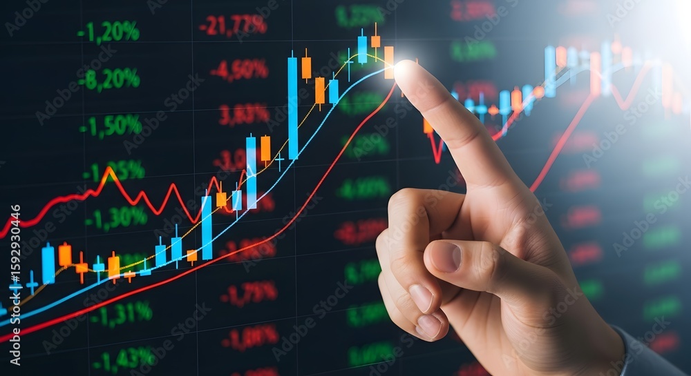 Poster stock market analysis chart with hand pointing at data for investment and trading