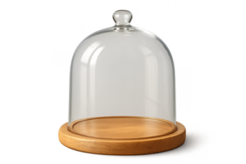 Empty glass dome is covering wooden tray on transparent background