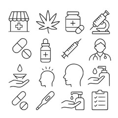Essential Medical Line Icons Set – Healthcare, Pills, Virus, Syringe, Doctor, Mask