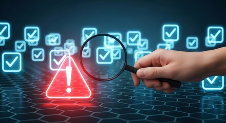 Cybersecurity risk assessment and compliance audit with magnifying glass tool check