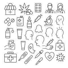 Essential Medical Line Icons Set – Healthcare, Pills, Virus, Syringe, Doctor, Mask