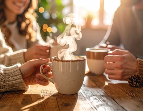Cozy friends enjoying hot drinks by the sunlight