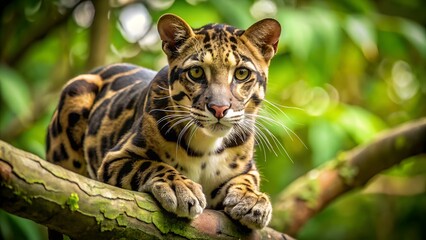 A clouded leopard rests gracefully on a tree branch amidst lush green forest foliage