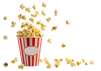 Buttery Popcorn Exploding from Striped Bucket;  Modern, Playful Movie Snack Image