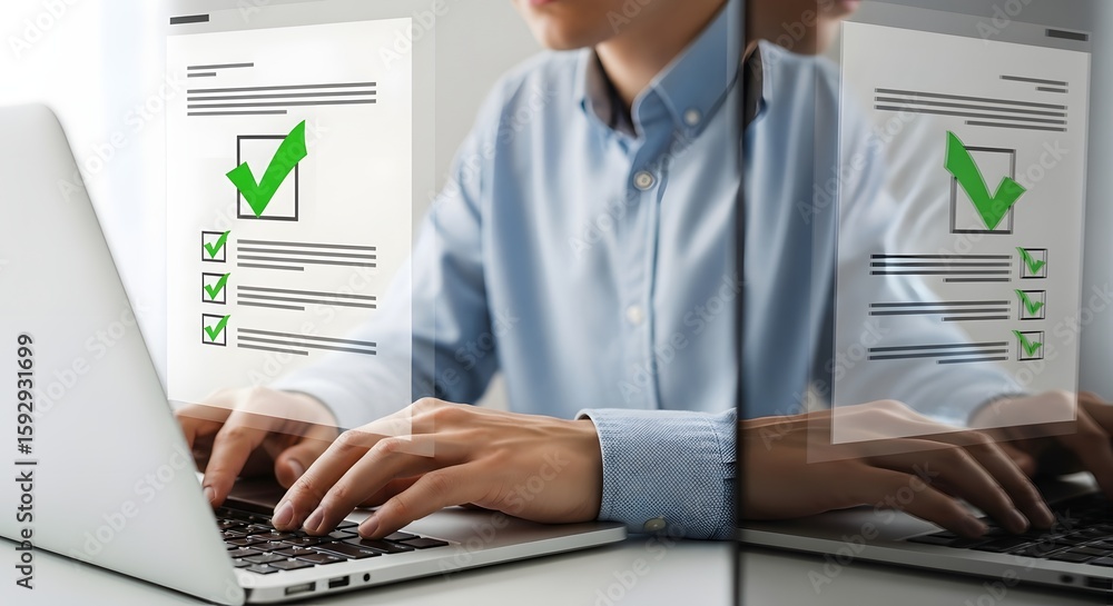 Poster completing online survey form checklist using laptop for business and productivity task