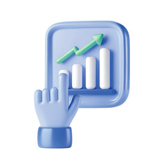 3d cartoon hand pointing at a rising bar graph with an upward trending arrow symbolizing financial growth and success