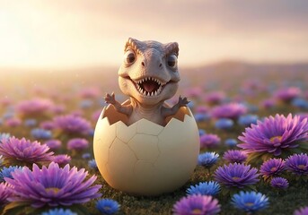 Adorable Baby Dinosaur Hatching From Egg Surrounded By Vibrant Purple Flowers In Sunrise Light.