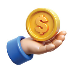 Stylized 3d cartoon hand wearing a blue sleeve offering a golden coin with a dollar sign symbol on a white background