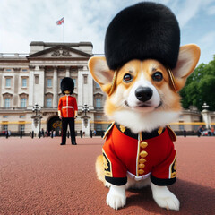 british flag on the street, british royal guard, british royal guard dog, guard dog in front of a building, dog in a hat, dog in a hat and tie, 3d dog in red dress, a corgi dressed as a royal guard