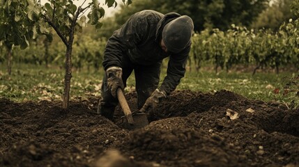 Gardener Digging Soil with Shovel Near Young Tree Earthy Tones Moody Scene.