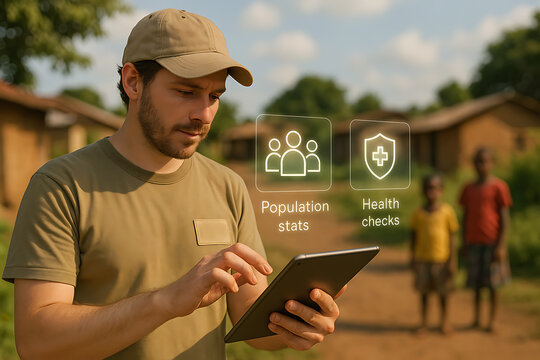 Aid worker using digital tablet for population data and health check in rural village