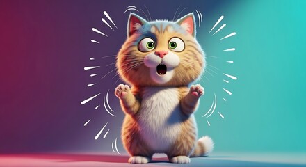Adorable wide-eyed cartoon cat with surprised expression on colorful gradient background.