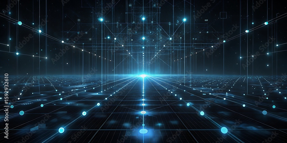 Poster a futuristic digital network with glowing blue lights forms a gridlike structure stretching into the