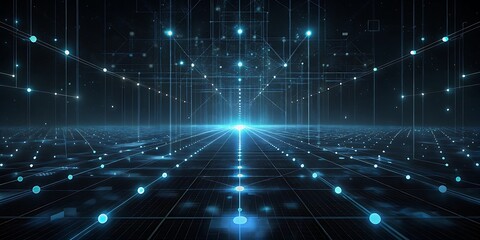 A futuristic digital network with glowing blue lights forms a gridlike structure stretching into the distance.