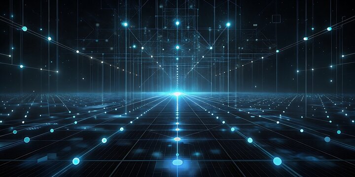 A futuristic digital network with glowing blue lights forms a gridlike structure stretching into the distance.