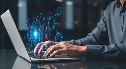 Analyzing data on laptop computer with digital interface for business strategy