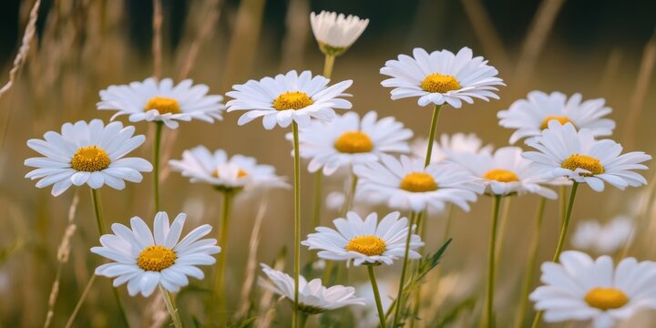 A field of white and yellow daisies with tall grasses surrounding them. - Powered by Adobe