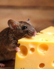 Mouse and cheese on wooden table