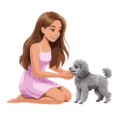 Young girl playing with a gray puppy while sitting on the floor, transparent background, vector  