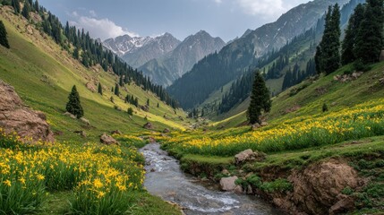 Fototapeta premium Mountain valley with wildflowers