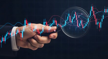 Analyzing stock market data with magnifying glass for investment opportunities insight