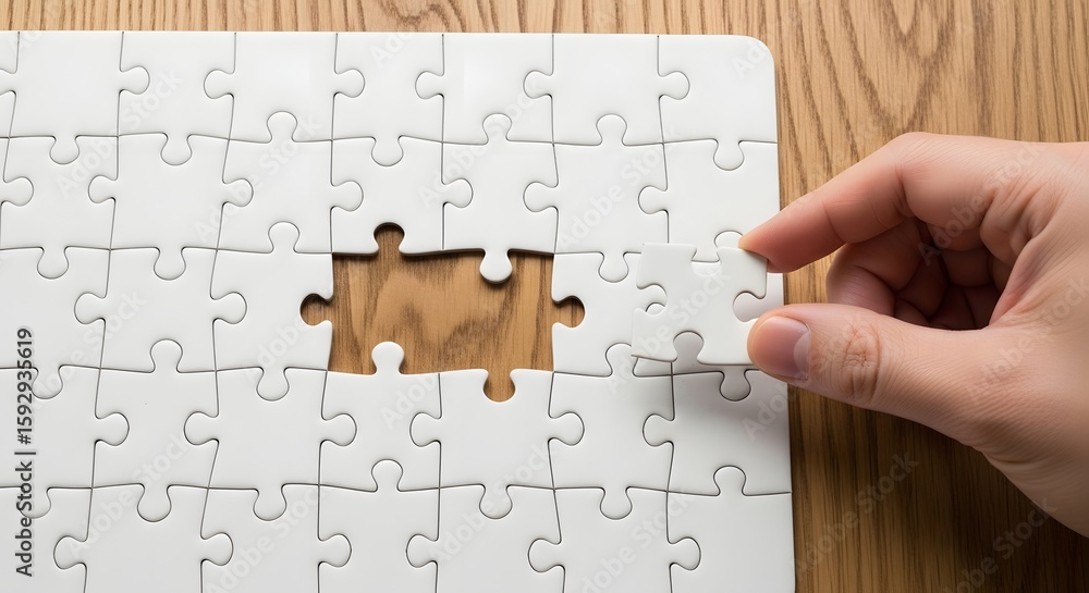 Poster solving puzzle game concept with hand placing piece completing the jigsaw puzzle task