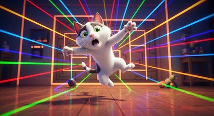 Funny animated cat surprised by colorful laser beams in playful living room scene.