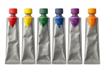 Six colorful paint tubes isolated on transparent background