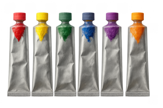 Six colorful paint tubes isolated on transparent background