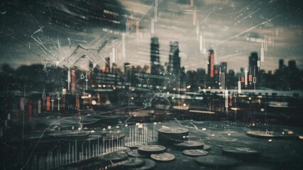 Cracks appearing on a glass surface revealing digital currency charts, coins, and a cityscape. Financial market instability and economic crisis concept footage.
