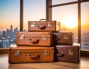 Stacked vintage-style suitcases against a city skyline