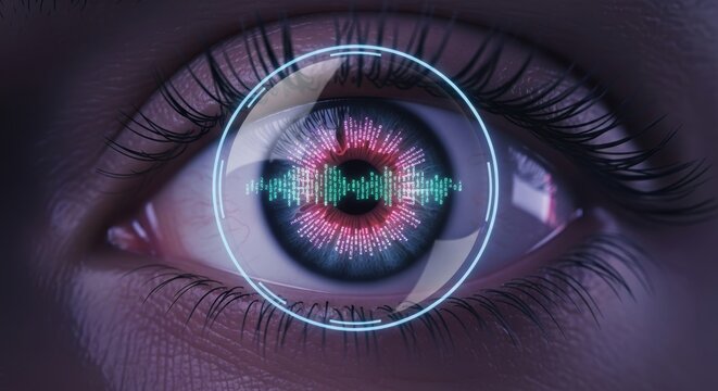 Futuristic digital interface in human eye displaying complex data visualization