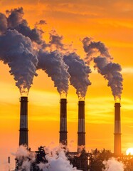 Industrial smoke stacks against a sunset