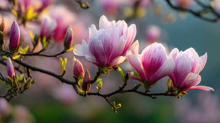 Blooming magnolia blossoms in soft sunlight