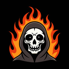 Dark Grim Reaper Skull Art for Halloween T-Shirt. Spooky Skeleton Head with Hood and Scythe. Scary Horror Character for October Night. Edgy Gothic Skull Design for Streetwear.