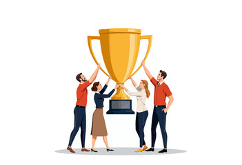 Team celebrating victory while holding a large trophy together  