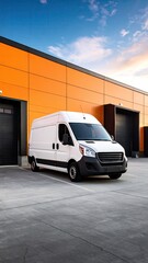 White van parked in front of orange warehouse