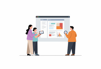 Fototapeta premium Three business people discussing data analysis on digital screen 